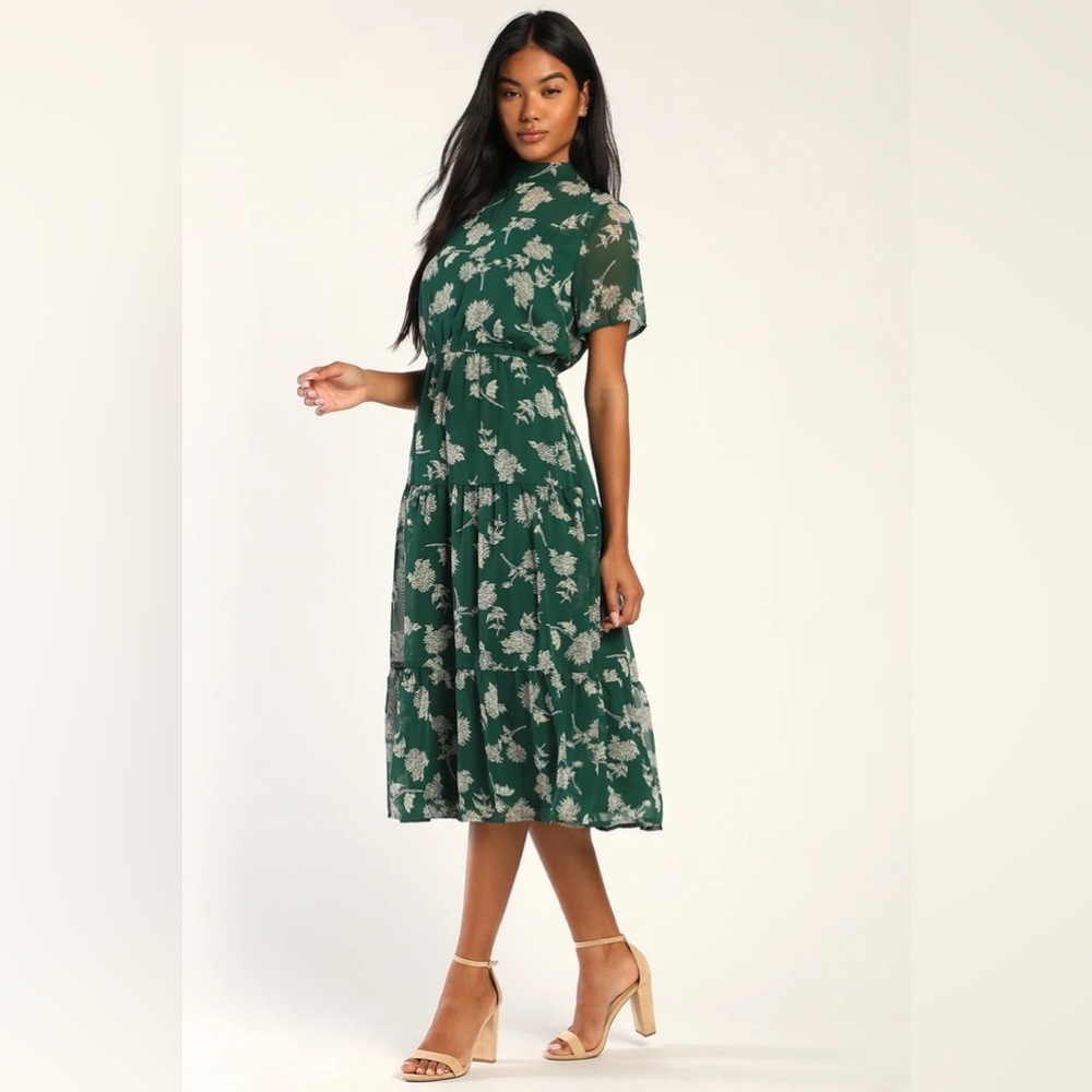 Floral Print Midi Dress Forest Green